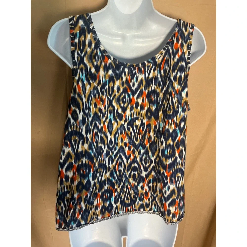 Denim & Company Tank Top Womens Large Blue Orange Ikat Scoop Neck Excellent